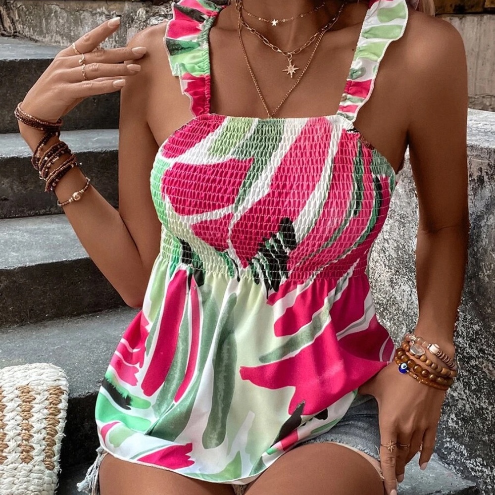 Boho Brush Print Smocked Ruffle Sleeve Tank top - Picture 4 of 8